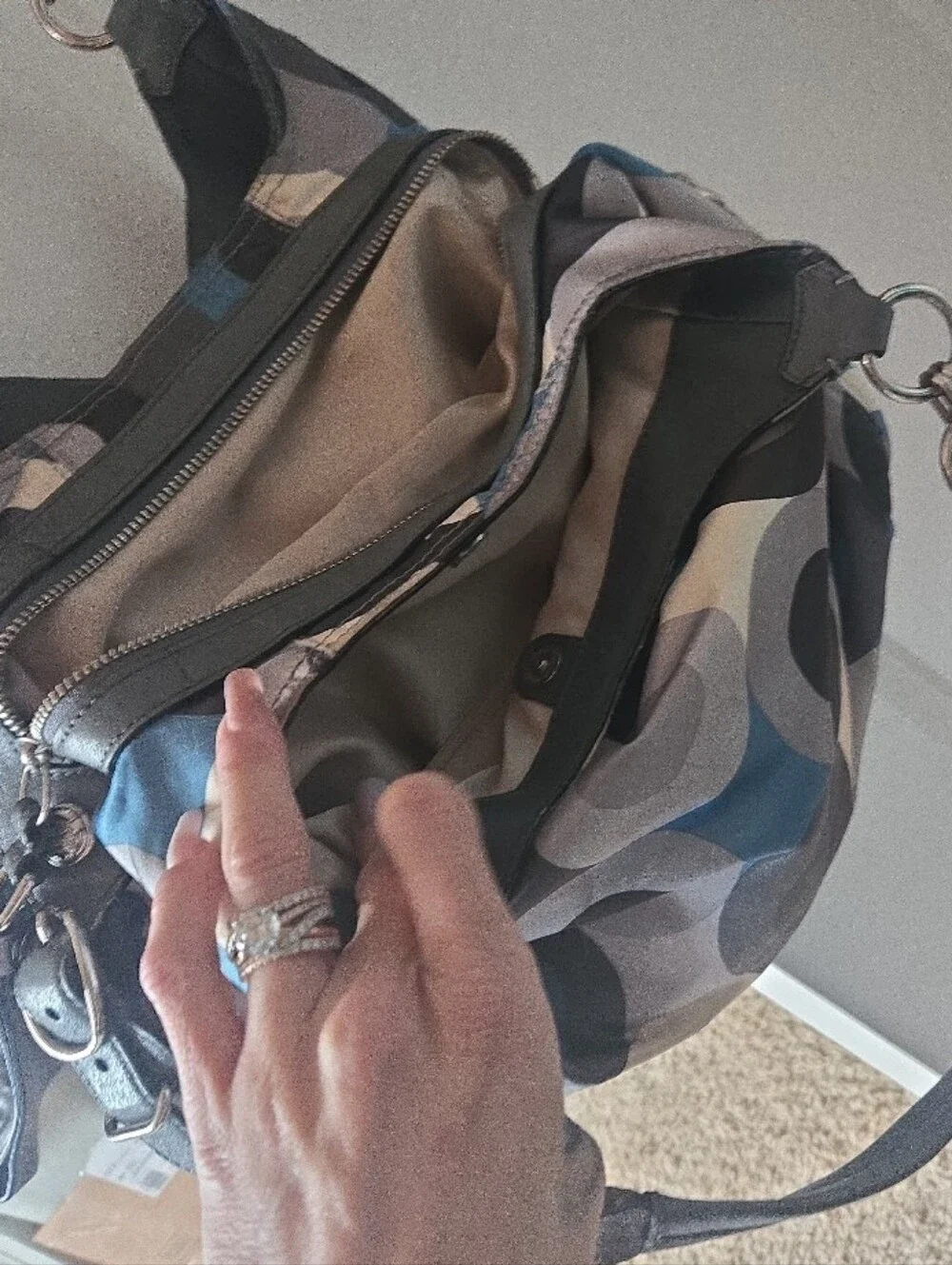 Coach Blue, Gray and Cream Circular-Print Shoulder Bag